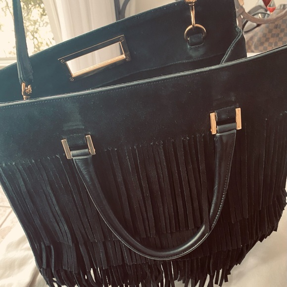 SAINT LAURENT ELEGANT BLACK Suede Layers of Fringes lined Beautifully with Gold - Picture 13 of 16